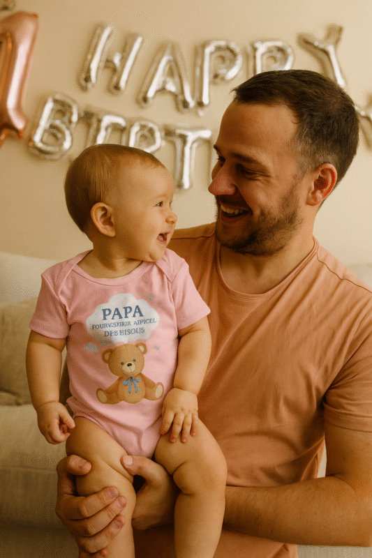 Papa heureux tenant son bébé qui porte un body bébé humour papa fournisseur officiel de bisous rose